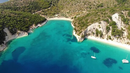 Aerial drone shot over Ithaca island in Greece