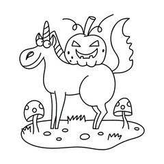 Halloween unicorn illustration for coloring page. Line animal drawing for kids.