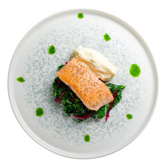Salmon steak on the grill spinach and mashed selery isolated on white background top view