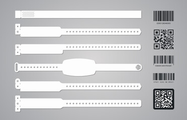 Bracelet event access template set for id fan zone or vip, party entrance, concert backstage identification, security checking, event. Mock up festival bracelet. Vector 10 eps