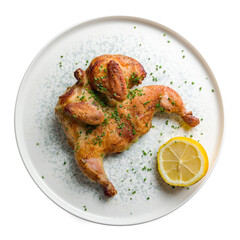 fried chicken tobacco with sliced green onion and lemon isolated on white background top view