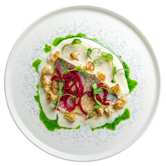 Dorado on grill on plate with sauce and red marinated onion isolated on white background top view