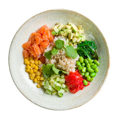 Poke with salmon, rice, avocado, corn, chukka, cucumber, tomatoes and edamame isolated on white background top view