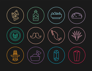 Set line Burrito, Agave, Nachos in bowl, Mustache, Mexican skull coin, Map of mexican and Tequila bottle icon. Vector