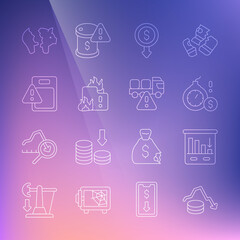 Set line Dollar rate decrease, Pie chart infographic, Money bomb dollar crisis, Fire burning house, Global economic, Broken piggy bank and Stop delivery cargo truck icon. Vector