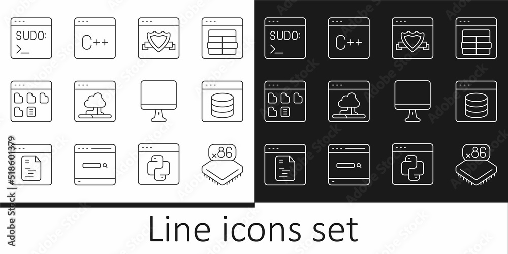 Poster set line processor with microcircuits cpu, server, data, web hosting, browser shield, cloud technolo