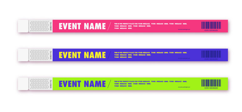Bracelet event access different color for id fan zone or vip, party entrance, concert backstage identification, security checking, event. Mock up festival bracelet. Vector 10 eps