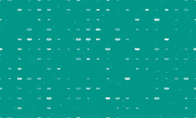 Seamless background pattern of evenly spaced white hotdog symbols of different sizes and opacity. Vector illustration on teal background with stars