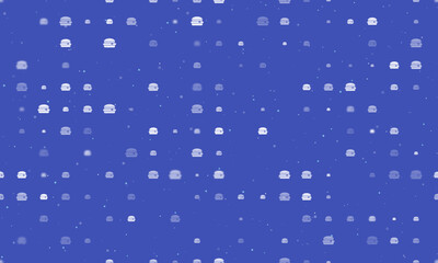 Seamless background pattern of evenly spaced white hamburger symbols of different sizes and opacity. Vector illustration on indigo background with stars