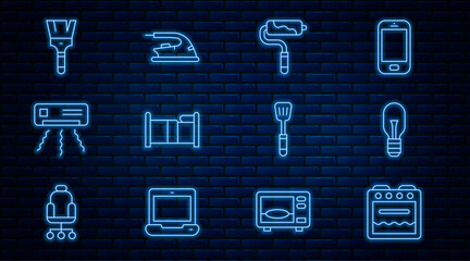 Set line Oven, Light bulb, Paint roller brush, Bed, Air conditioner, Spatula and Electric iron icon. Vector