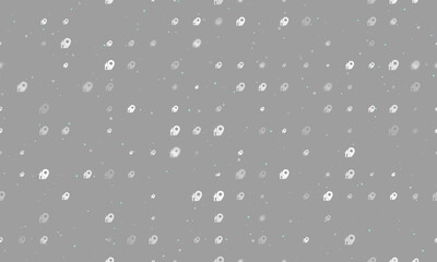 Seamless background pattern of evenly spaced white real estate location symbols of different sizes and opacity. Vector illustration on grey background with stars