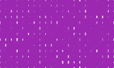 Seamless background pattern of evenly spaced white pants symbols of different sizes and opacity. Vector illustration on purple background with stars