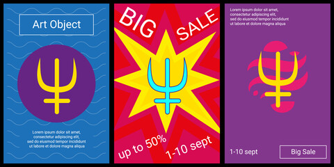 Trendy retro posters for organizing sales and other events. Large astrological neptune symbol in the center of each poster. Vector illustration on black background