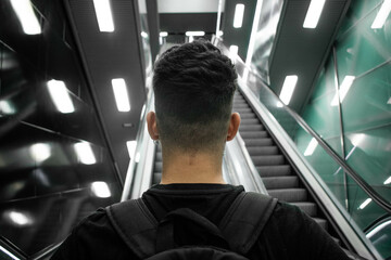 Chico joven mirando escaleras mecánicas de metro aeropuerto desenfocadas