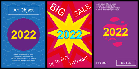 Trendy retro posters for organizing sales and other events. Large 2022 year symbol in the center of each poster. Vector illustration on black background