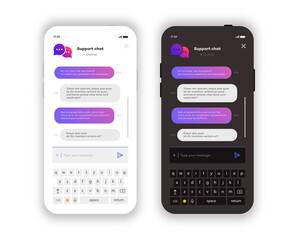 Online chat windows mobile app set white and dark theme isolated on white background. Social communication chatting. Group text messaging app. Vector 10 eps