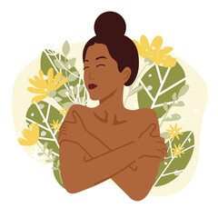 Young beautiful black woman hugging herself. Flat cartoon vector illustration on floral background. Mental health, love yourself, self-acceptance and love your body concept