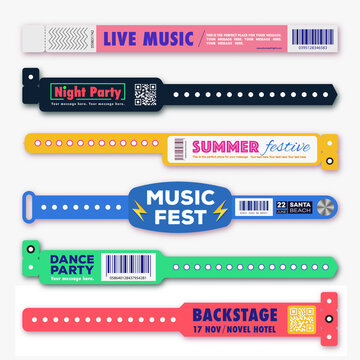 Bracelet plastic event access vector set template different style for id fan zone or vip, party entrance, concert backstage identification, security checking, event. Mock up festival bracelet. 10 eps
