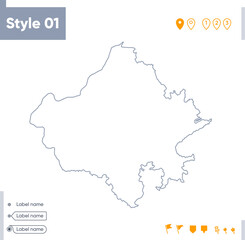 Rajasthan, India - stroke map isolated on white background. Outline map. Vector map