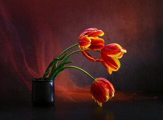 Three bright tulips in a vase on a dark background. Spring still life