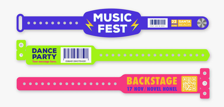 Bracelet event access template set colorful style for id fan zone or vip, party entrance, concert backstage identification, security checking, event. Mock up festival bracelet. Vector 10 eps