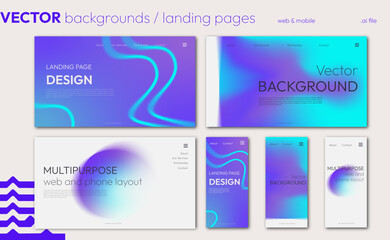 Collection of landing page templates. Modern full vector gradient backgrounds for multi purpose use, phone and web layout - fully editable	
