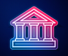 Glowing neon line Bank building icon isolated on blue background. Vector