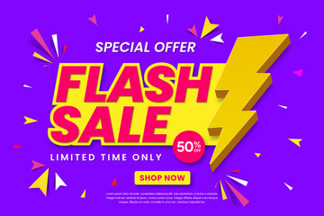 Flash sale banner template design. Abstract sales banner. 50% discount promotion banner design. 3d vector illustration