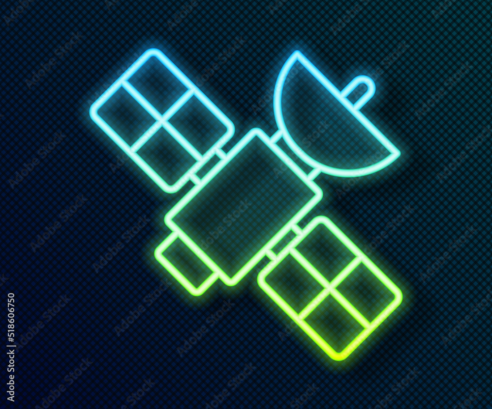 Sticker glowing neon line satellite icon isolated on black background. vector