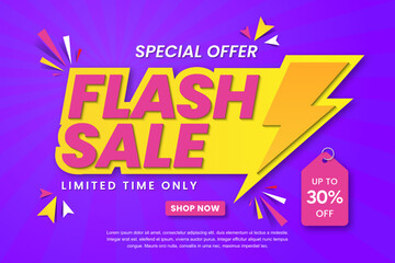 Flash sale banner template design. Abstract sales banner. 30% discount promotion banner design. 3d vector illustration