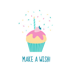 Cute Happy Birthday card with a cupcake, a candle and confetti. Flat style vector illustration