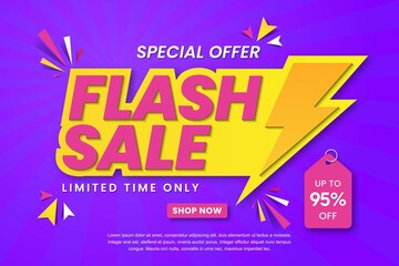 Flash sale banner template design. Abstract sales banner. 95% discount promotion banner design. 3d vector illustration