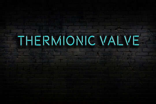 Neon sign. Word thermionic valve against brick wall. Night view