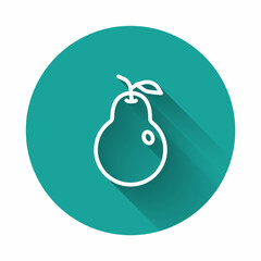White line Pear icon isolated with long shadow background. Fruit with leaf symbol. Green circle button. Vector