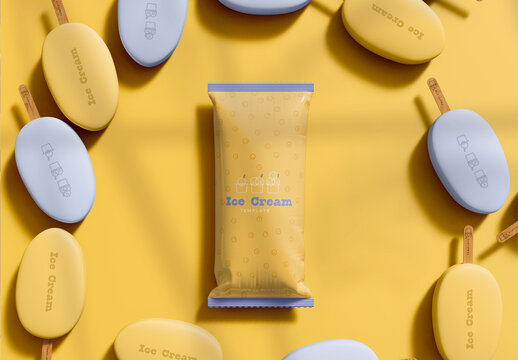 3D Random Popsicles with Ice Cream Packaging Mockup
