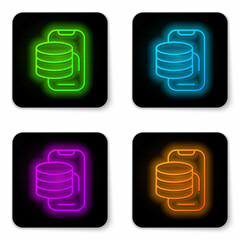Glowing neon line Cloud technology data transfer and storage icon isolated on white background. Black square button. Vector