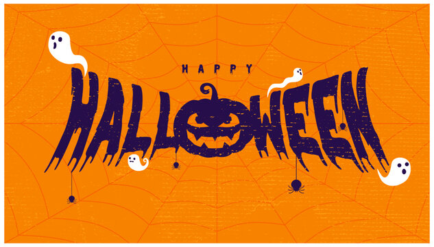letrero happy Halloween con calabaza sobre fondo naranja con telaraña, fantasmas y arañas colgando.