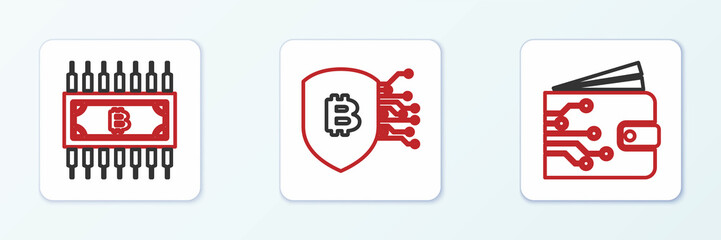 Set line Cryptocurrency wallet, bitcoin with circuit and Shield icon. Vector