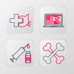 Set line Crossed bones, Syringe with pet vaccine, Clinical record dog laptop and Veterinary clinic icon. Vector