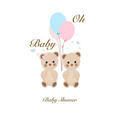 Obraz na płótnie Canvas Teddy bears. Baby shower greeting card with teddy bear and balloon greeting card. Baby first birthday, t-shirt, baby shower, baby gender reveal party design element vector