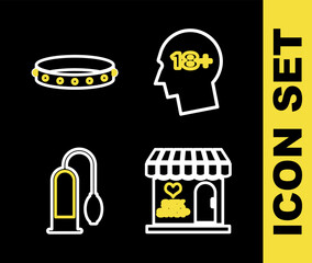 Set line Head with 18 plus, Sex shop building, Penis pump and Leather fetish collar icon. Vector - obrazy, fototapety, plakaty