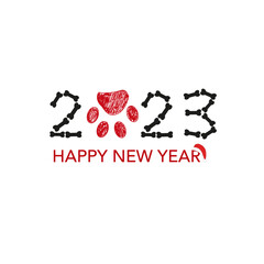 2023 text with doodle bone and paw print. Happy new year and merry christmas greeting card