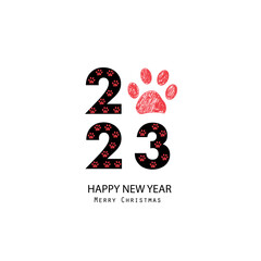 2023 text with red paw doodle paw prints. Happy new year and merry christmas greeting card