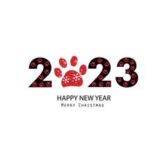 2023 text with red paw doodle paw prints. Happy new year and merry christmas greeting card