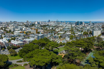 Pacific Heights, Nob Hill neighborhoods viewed from Alamo square in San Francisco aerial view with...