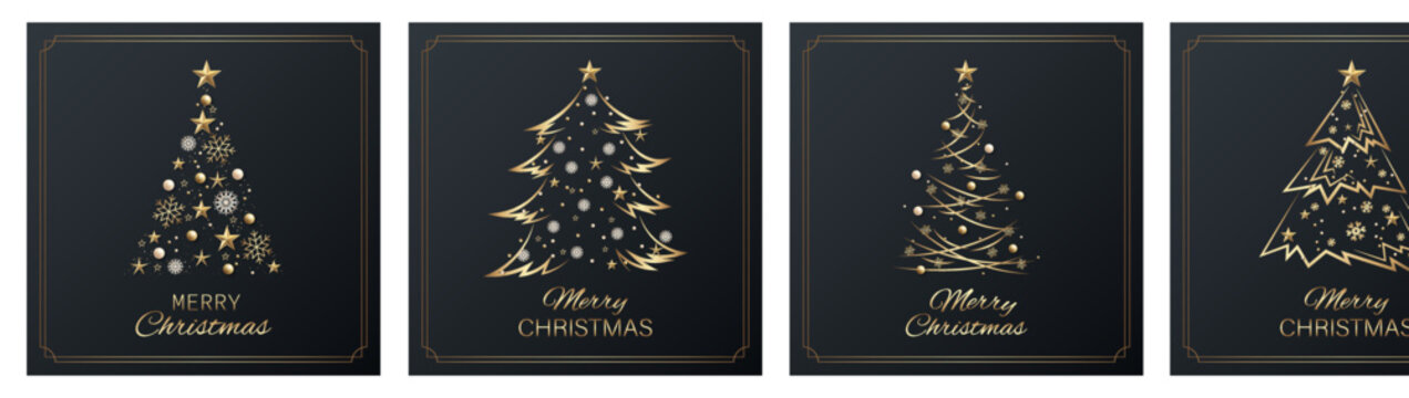 Vector set of greeting cards merry christmas with golden christmas trees on dark background. Collection of greeting cards printable template