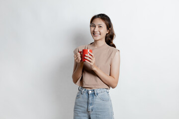 Beautiful Asian woman gesturing for advertisement editing on isolated background, portrait concept used for advertisement and signage, isolated over white background, copy space.