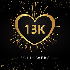 Thank you 13k or 13 thousand followers with gold heart, fireworks and golden bokeh isolated on black background. Premium design for poster, social media story, social sites posts, banner.