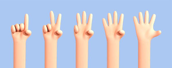 Vector cartoon hand counting from one to five isolated on blue background. Set of palms with raised fingers.Cartoon set of counting hands. Hands gesture numbers..