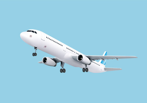 Realistic 3D airplane flying in the air isolated on blue background. Passenger plane sky flying. Vector 3d Illustration